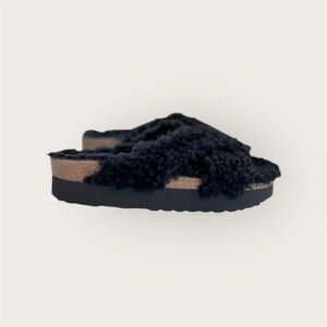 New Papillio by Birkenstock Sherling Slide Platform Sandals Black 39/8